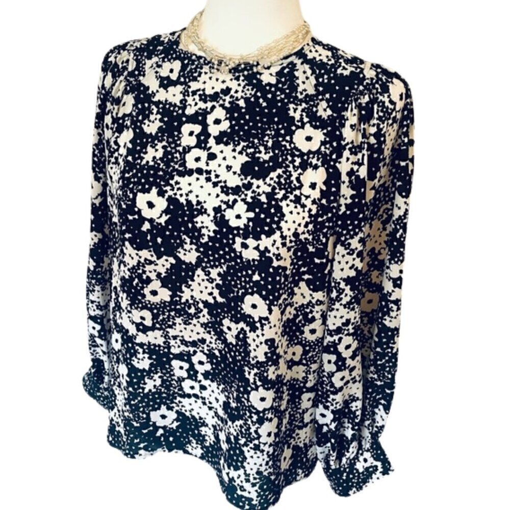 Ann Taylor Women's Floral Daisy Long Sleeve Shift Dress - Black/White, Size S